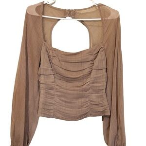 WAYF Metallic Thread Balloon Sleeve Top In Mocha